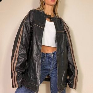 Vintage Arizona stripe racing jacket Size L brown faux leather bomber motorcycle